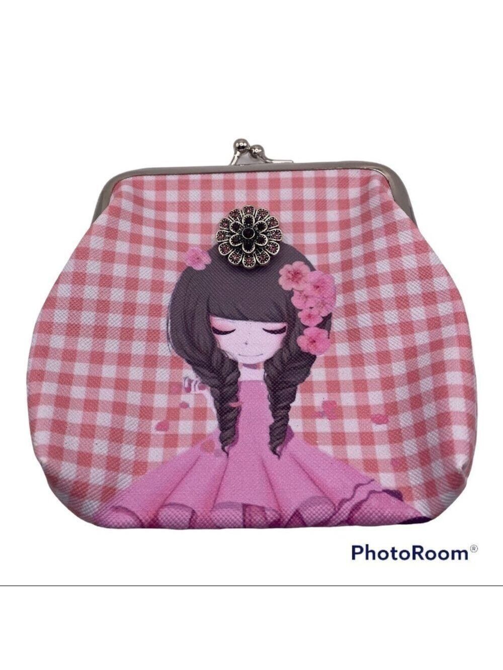 Pink Plaid Snap Jewelry Change Purse w/ Sweet Brunette & Flower Snap! SEE VIDEO!